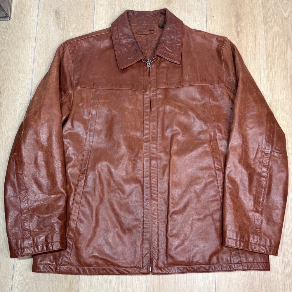 Roundtree & Yorke Mens Large Brown Genuine Leather Bomber Jacket Cognac Full Zip